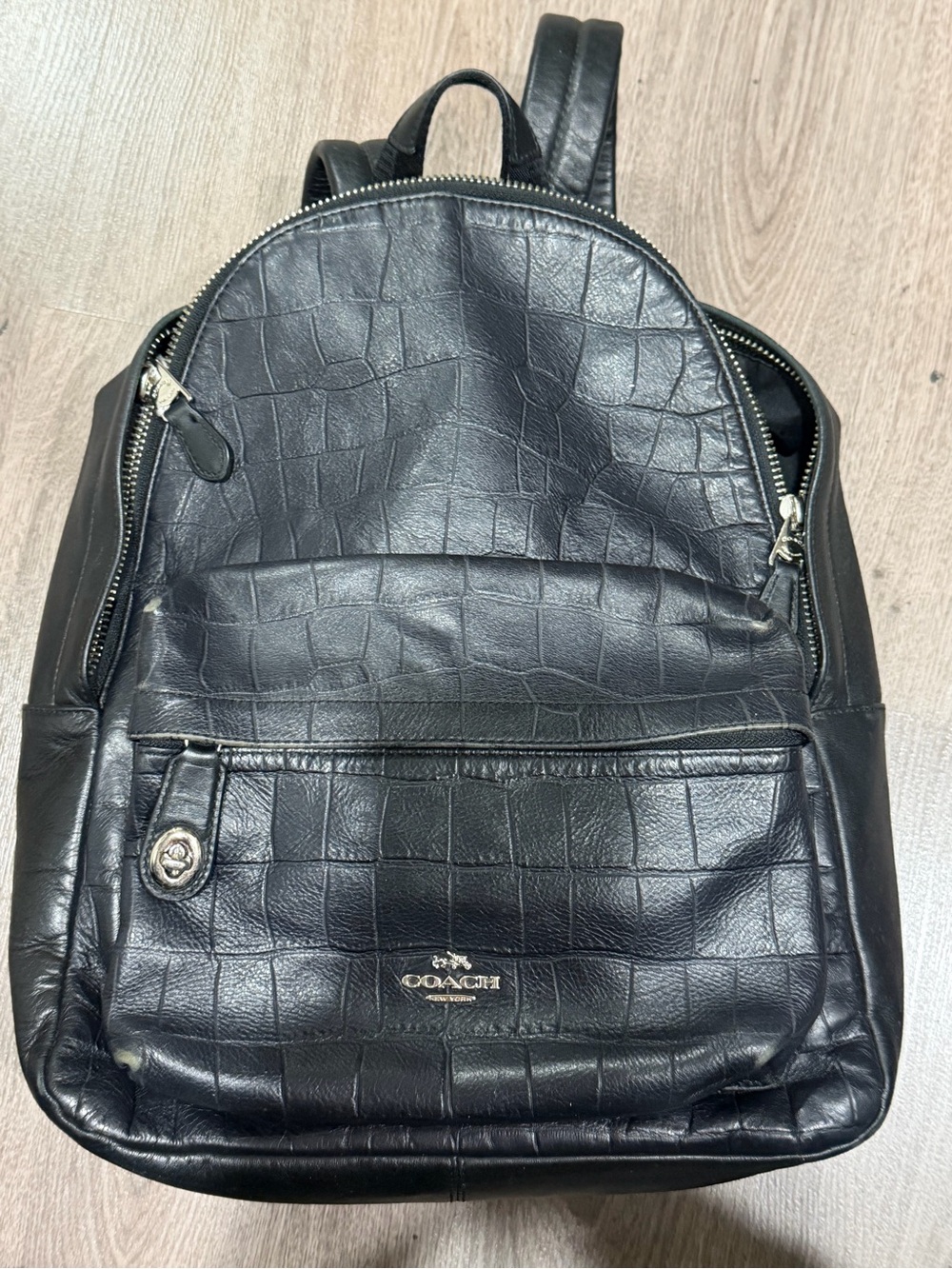 Coach Black Croc-Embossed Leather Backpack